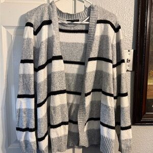 Lane Bryant Black, Gray, and White Striped Cardigan